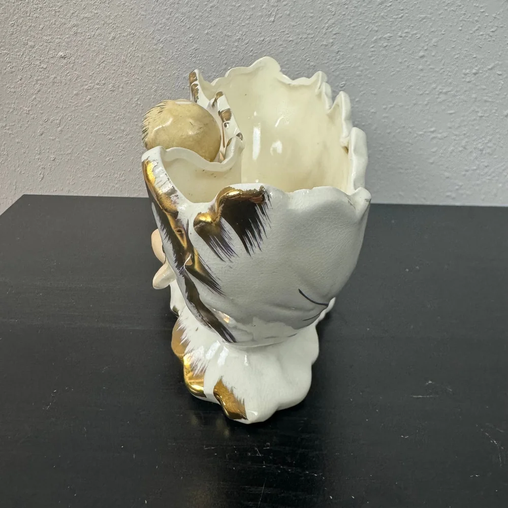 Royal Sealy Japan Porcelain Dish Oblong Glossy Planter White Gold Cherub Vintage